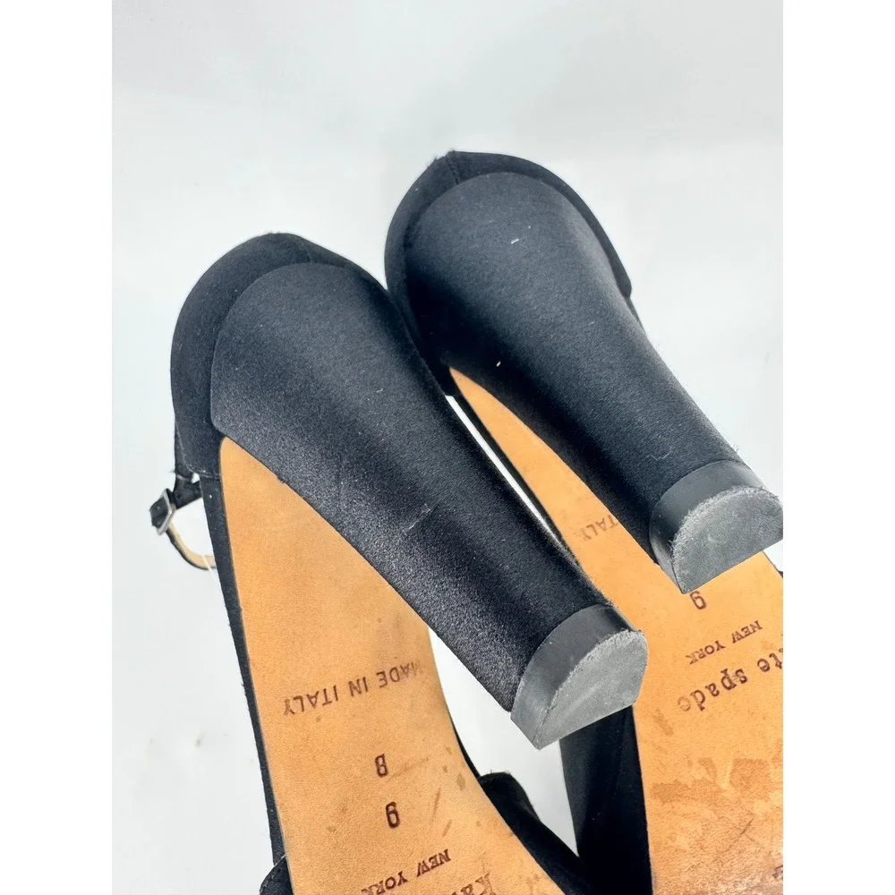 Kate Spade Platform Heels Women 9 Black Satin Peep Toe Ankle Strap Made In Italy